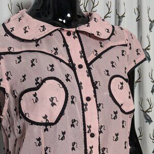Positively Purrfect Voodoo Vixen Sheer Pink Crepe Top with Black Cats